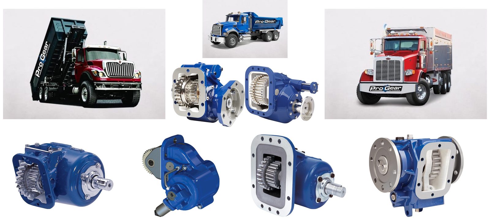 Pro Gear dump trucks with Muncie TG, CS6, 82, SH, FR6Q and SS66 power take-offs